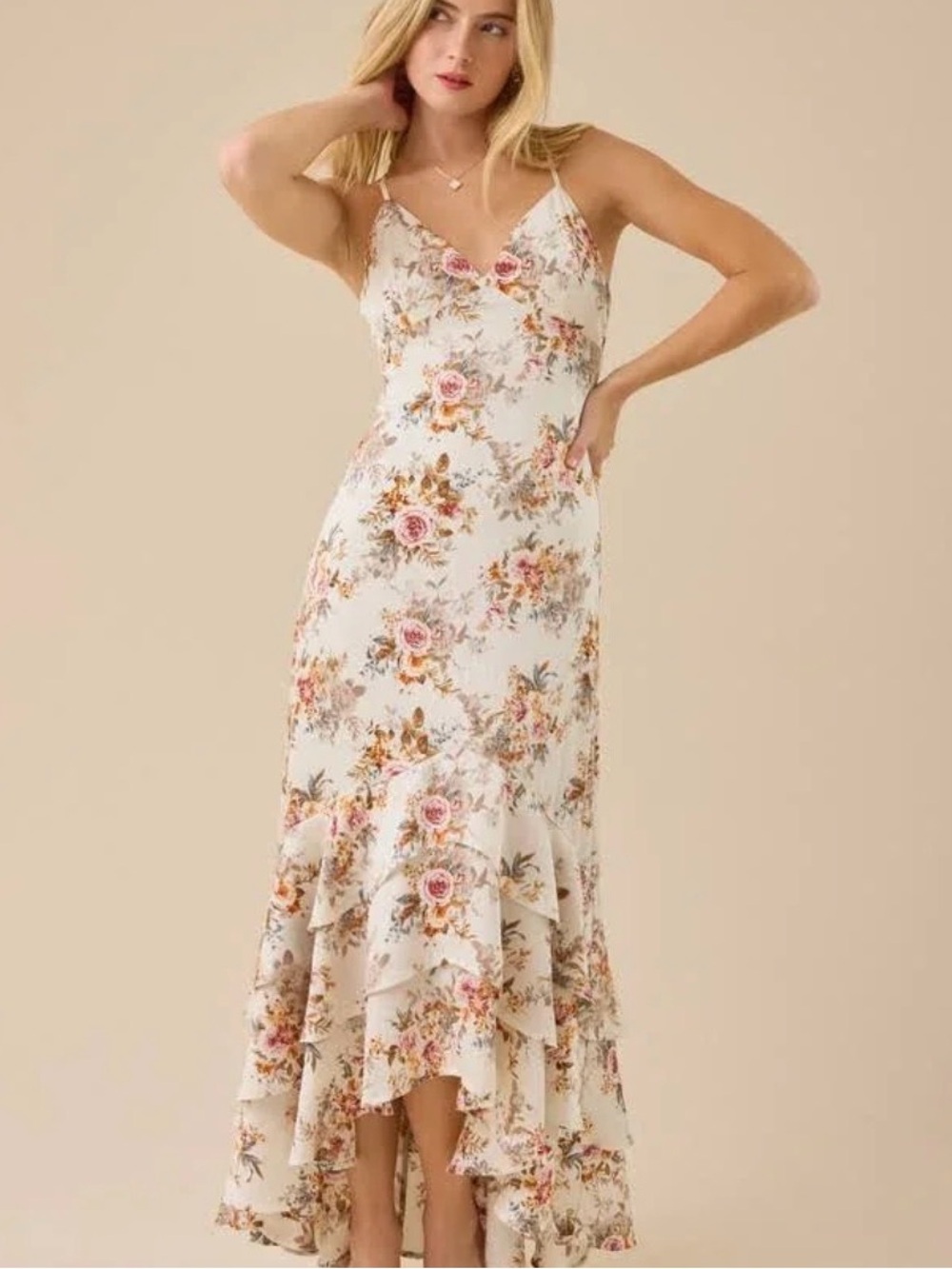 Altar'd State Cream Floral High-Low Maxi Dress